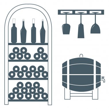 Renkli bir şarap raf, şişe şarap, şarap glas stilize simgesi