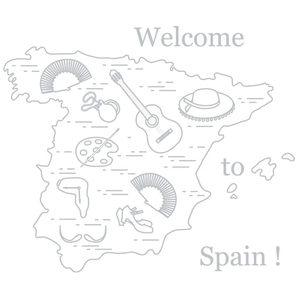 Ilustração vetorial com vários símbolos da Espanha dispostos em um —  Vetores de Stock
