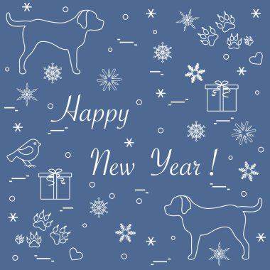 İki köpek, hediye kutuları, kuş, kalpleri sevimli vektör çizim, 