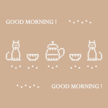 Sevimli vektör çizim çapraz çaydanlık iki fincan ile nakış