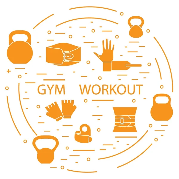 Powerlifting gym workout elements arranged in a circle. — Stock Vector