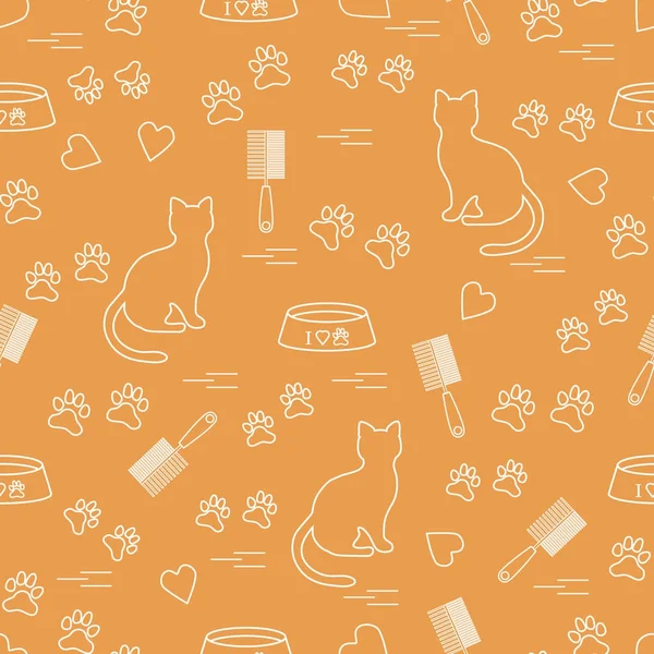 Bonito patrón de silueta sentado gato, rastros, corazones, tazón y — Vector de stock