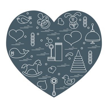 Vektör çizim çocuklar bir kalp düzenlenmiş elemanları: kuş, ne