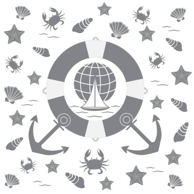 Deniz konulu güzel resim: can simidi, çapa, tekne, 