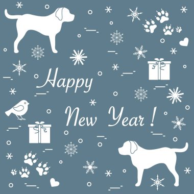 İki köpek, hediye kutuları, kuş, kalpleri sevimli vektör çizim, 