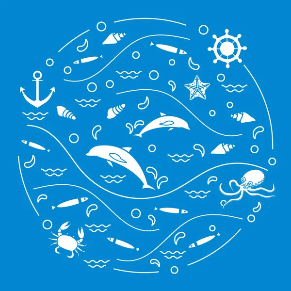 Lindo vector ilustración con delfines, pulpo, peces, ancla, h — Vector de stock