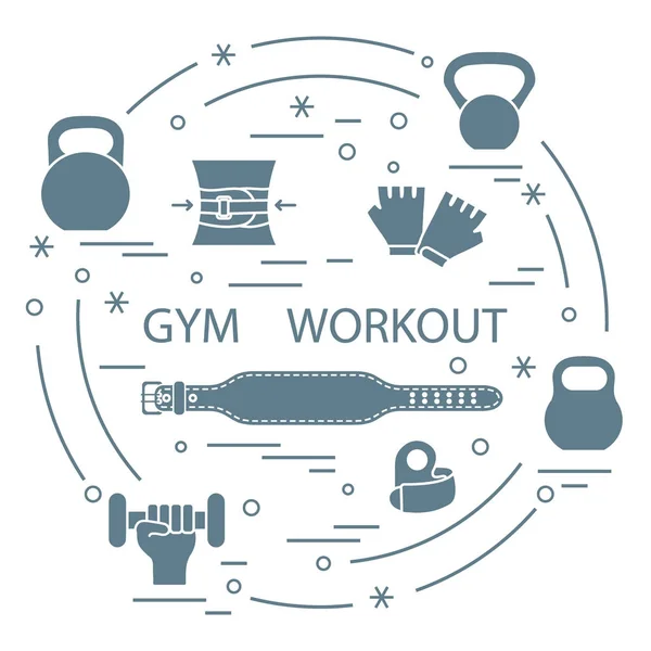 Powerlifting gym workout elements arranged in a circle. — Stock Vector