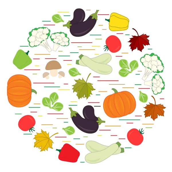 Conjunto de verduras de temporada de otoño en círculo. Tomate, pimienta, zuc — Vector de stock