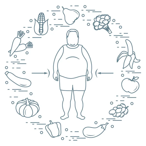 Hombre gordo con comida sana a su alrededor. Hábitos alimenticios saludables . — Archivo Imágenes Vectoriales