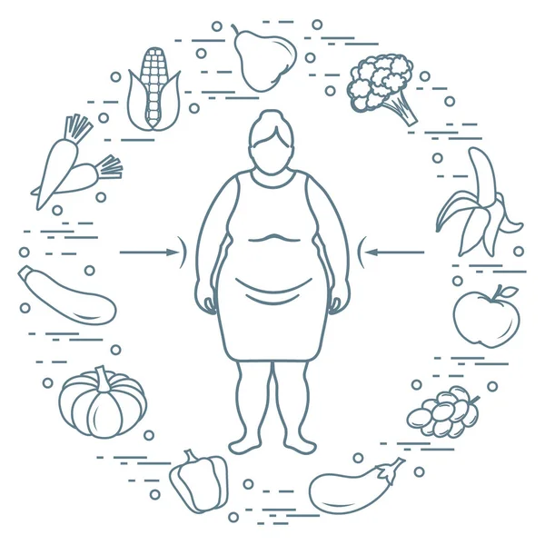 Mujer gorda con comida saludable a su alrededor. Hábitos alimenticios saludables . — Archivo Imágenes Vectoriales