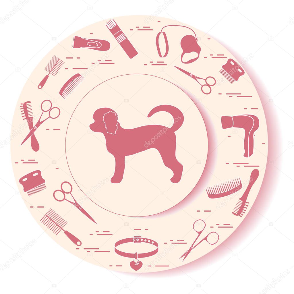 Decorative plate with dog silhouette, combs, collar, leash, razo