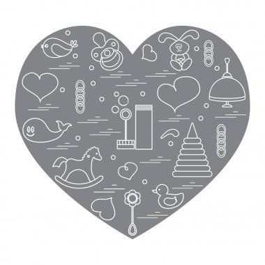 Vektör çizim çocuklar bir kalp düzenlenmiş elemanları: kuş, ne