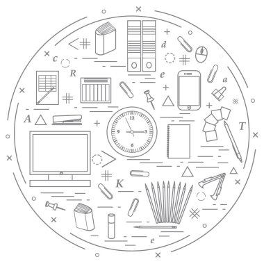 Herkesdaire oluşturacak şekilde düzenlenmiş farklı office nesneleri kümesi. Dahil olmak üzere 