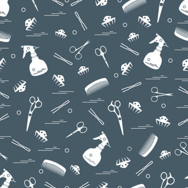 Makas, taraklar, hairclip, tokalar ve püskürtücü şirin desen.