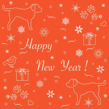 İki köpek, hediye kutuları, kuş, kalpleri sevimli vektör çizim, 