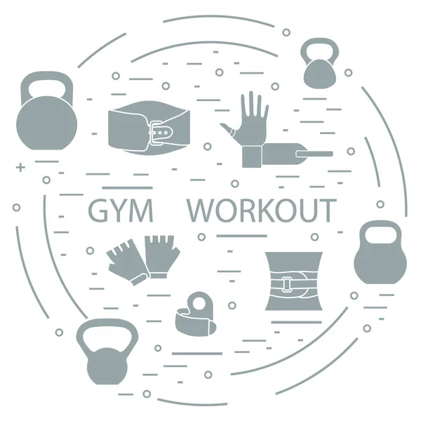 Elementos de entrenamiento de gimnasia Powerlifting dispuestos en círculo . — Vector de stock