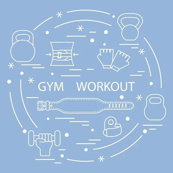 Powerlifting gym workout elements arranged in a circle. — Stock Vector