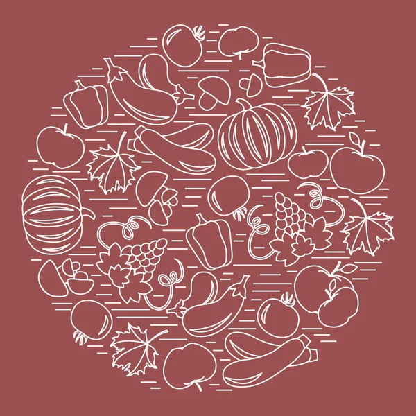 Set of autumn seasonal fruits and vegetables in circle. — Stock Vector