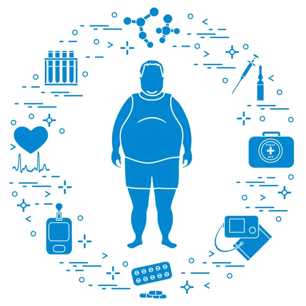 Homme gras avec des dispositifs médicaux, des outils et de la drogue autour de lui. Santé — Image vectorielle