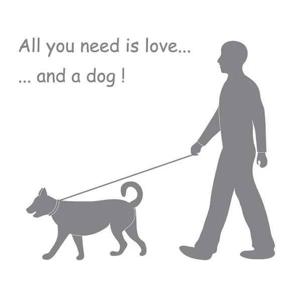 Silhouette of a man walking a dog on a leash. Design element for — Stock Vector