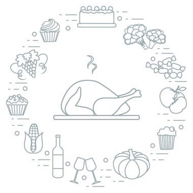 Mutlu Şükran günü çizgi film nesneler. Sonbahar sembolleri için yazdırma. 