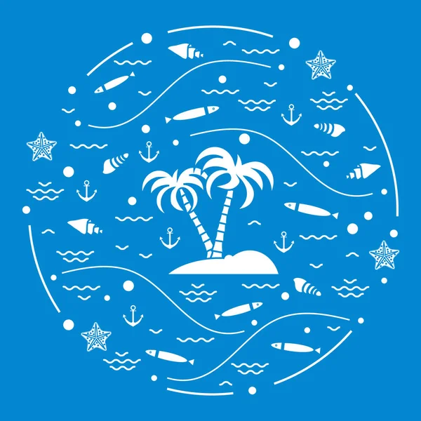 Lindo vector ilustración con peces, isla con palmeras, anchoa — Archivo Imágenes Vectoriales
