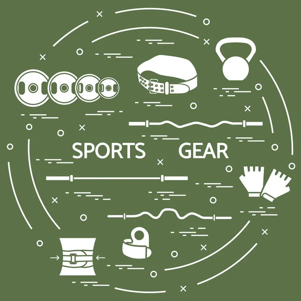Verschillende goederen voor gewichtheffen in een cirkel zijn gerangschikt. — Stockvector