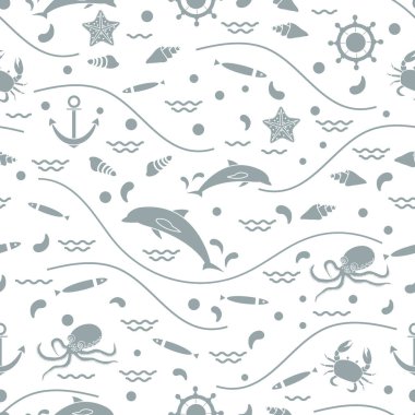 Yunuslar, ahtapot, balık, çapa, dümen ile şirin seamless modeli