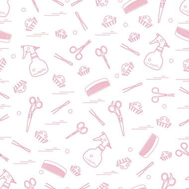 Makas, taraklar, hairclip, tokalar ve püskürtücü şirin desen.