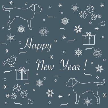 İki köpek, hediye kutuları, kuş, kalpleri sevimli vektör çizim, 