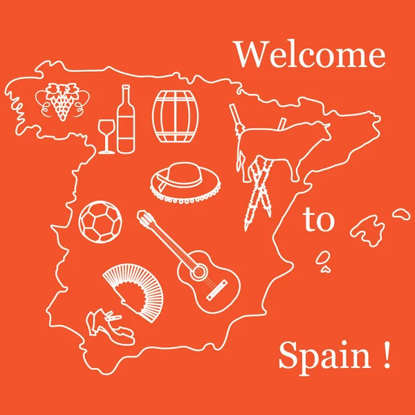 Ilustração vetorial com vários símbolos da Espanha. Viagem e le —  Vetores de Stock