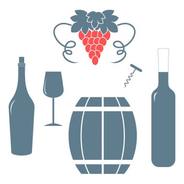 Stilize simgesi bir renkli şişe cam, tirbuşon, varil 