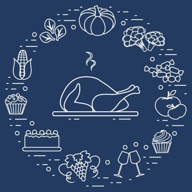 Mutlu Şükran günü çizgi film nesneler. Sonbahar sembolleri için yazdırma.