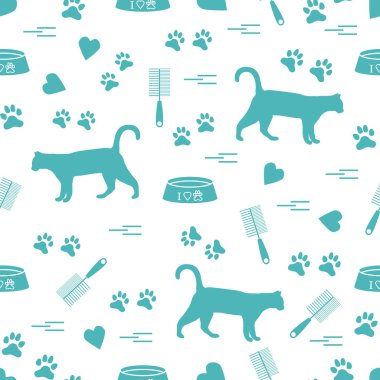 Güzel desen yürüyen kedi, izleri, kupa, kase silueti ve