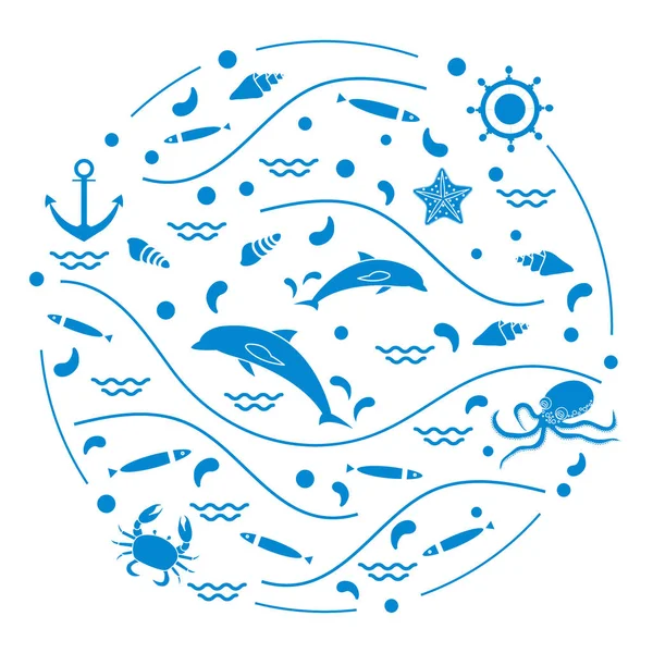 Lindo vector ilustración con delfines, pulpo, peces, ancla, h — Vector de stock