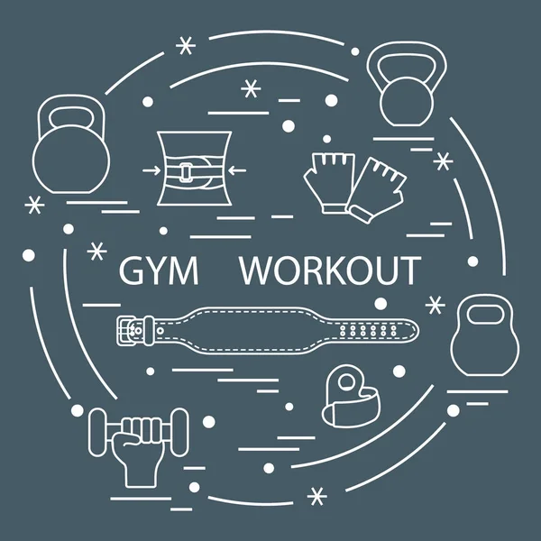 Powerlifting gym workout elements arranged in a circle. — Stock Vector