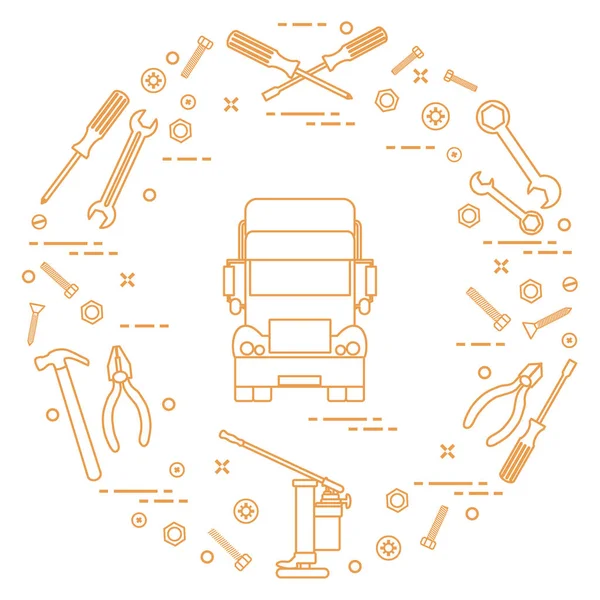 Reparaturautos: LKW, Schraubenschlüssel, Schrauben, Schlüssel, Zange, Wagenheber, Hammer, — Stockvektor