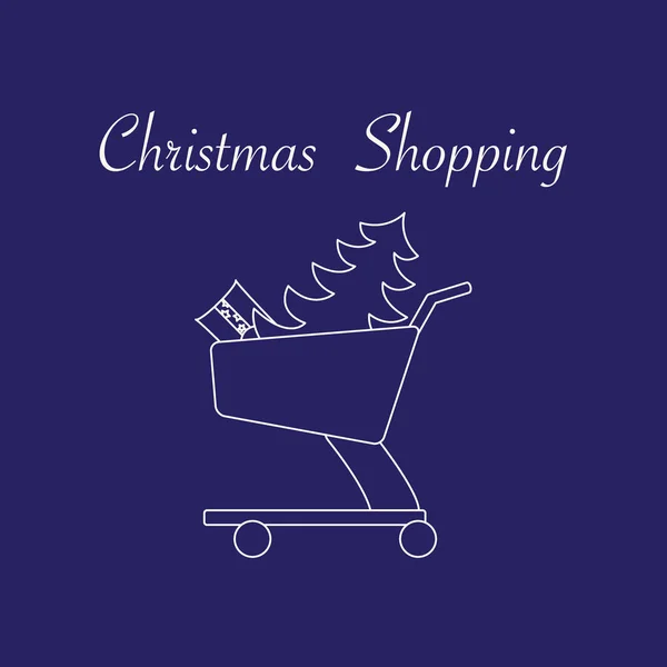 Winkelwagen met kerstboom en cadeau. — Stockvector