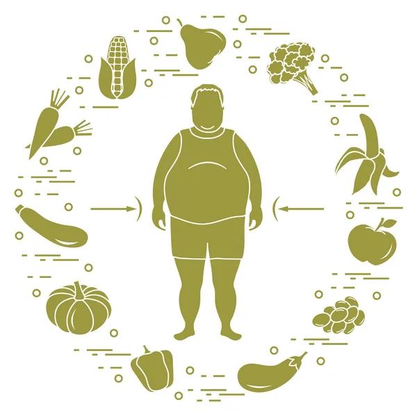 他周围有健康食物的胖子健康饮食习惯. — 图库矢量图片