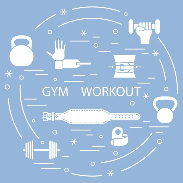 Powerlifting gym workout elements arranged in a circle. — Stock Vector