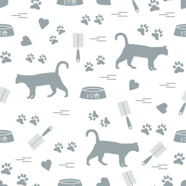 Güzel desen yürüyen kedi, izleri, kupa, kase silueti ve