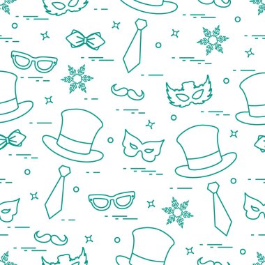 Farklı karnaval süslemeleri seamless modeli: maskeler, şapka,