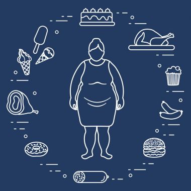 Şişman kadın onun etrafında sağlıksız yaşam tarzı sembollerle. Zararlı e