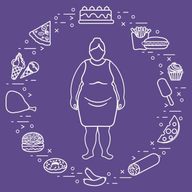 Şişman kadın onun etrafında sağlıksız yaşam tarzı sembollerle. Zararlı e
