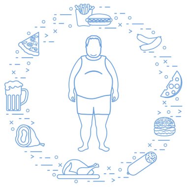 Şişman adam etrafındaki sağlıksız yaşam tarzı sembollerle. Yemek sağlığa zararlıdır