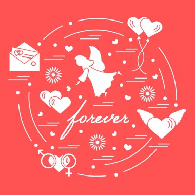 Sevimli vektör çizim farklı aşk sembolleri ile: Kalpler, ai