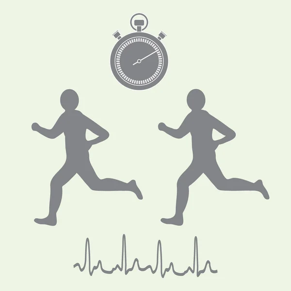 Icono estilizado de los dos corredores con cronómetro y ritmo cardíaco — Vector de stock