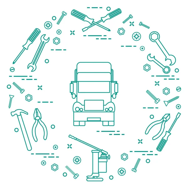 修理汽车: 卡车, 扳手, 螺丝, 钥匙, 钳子, 千斤顶, 锤子, — 图库矢量图片