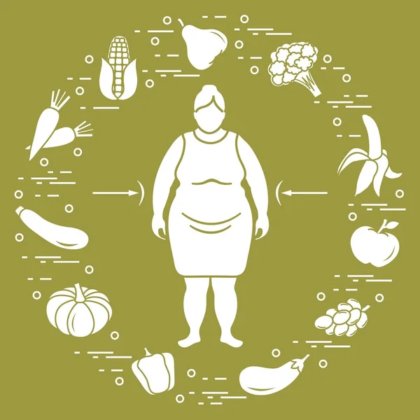 Mujer gorda con comida saludable a su alrededor. Hábitos alimenticios saludables . — Archivo Imágenes Vectoriales