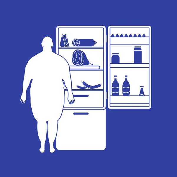 El gordo está en el refrigerador lleno de comida. Hábitos alimenticios nocivos — Archivo Imágenes Vectoriales